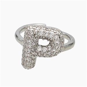 Copper Letter-P Rings Micropave Zirconia Platinum Plated, approx 9-14mm, 18mm dia [FN47992]