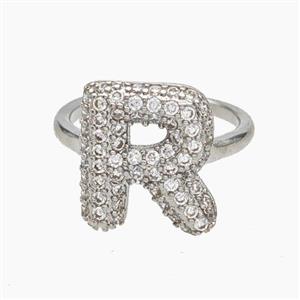 Copper Letter-R Rings Micropave Zirconia Platinum Plated, approx 9-14mm, 18mm dia [FN47994]