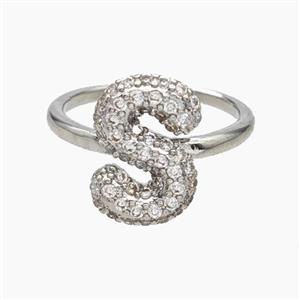 Copper Letter-S Rings Micropave Zirconia Platinum Plated, approx 9-14mm, 18mm dia [FN47995]