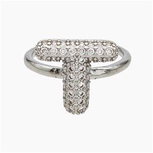 Copper Letter-T Rings Micropave Zirconia Platinum Plated, approx 9-14mm, 18mm dia [FN47996]