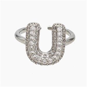 Copper Letter-U Rings Micropave Zirconia Platinum Plated, approx 9-14mm, 18mm dia [FN47997]
