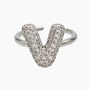 Copper Letter-V Rings Micropave Zirconia Platinum Plated, approx 9-14mm, 18mm dia [FN47998]
