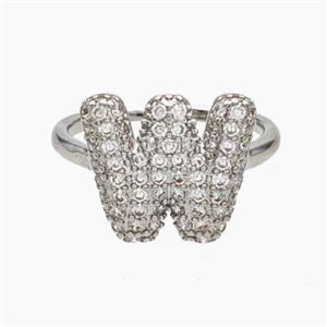 Copper Letter-W Rings Micropave Zirconia Platinum Plated, approx 9-14mm, 18mm dia [FN47999]