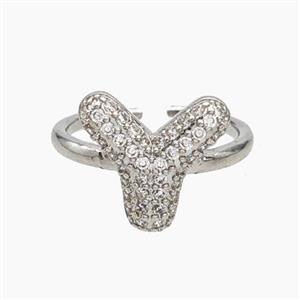 Copper Letter-Y Rings Micropave Zirconia Platinum Plated, approx 9-14mm, 18mm dia [FN48001]