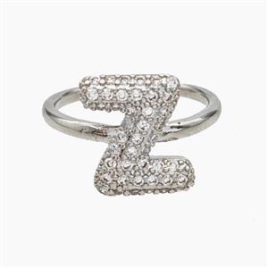 Copper Letter-Z Rings Micropave Zirconia Platinum Plated, approx 9-14mm, 18mm dia [FN48002]