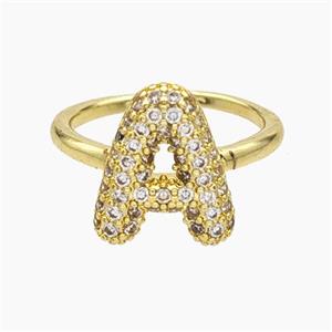 Copper Letter-A Rings Micropave Zirconia Gold Plated, approx 9-14mm, 18mm dia [FN48003]