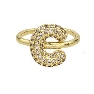Copper Letter-C Rings Micropave Zirconia Gold Plated, approx 9-14mm, 18mm dia [FN48005]