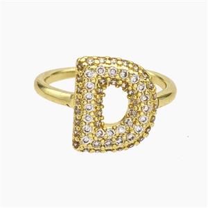 Copper Letter-D Rings Micropave Zirconia Gold Plated, approx 9-14mm, 18mm dia [FN48006]