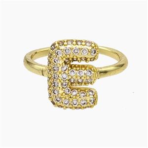 Copper Letter-E Rings Micropave Zirconia Gold Plated, approx 9-14mm, 18mm dia [FN48007]
