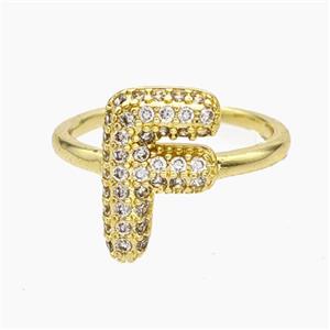 Copper Letter-F Rings Micropave Zirconia Gold Plated, approx 9-14mm, 18mm dia [FN48008]