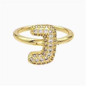 Copper Letter-J Rings Micropave Zirconia Gold Plated, approx 9-14mm, 18mm dia [FN48012]