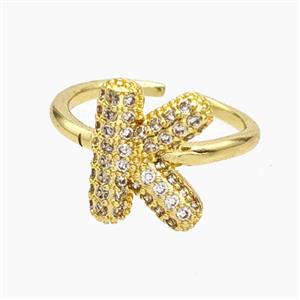 Copper Letter-K Rings Micropave Zirconia Gold Plated, approx 9-14mm, 18mm dia [FN48013]