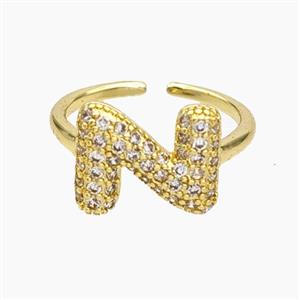Copper Letter-N Rings Micropave Zirconia Gold Plated, approx 9-14mm, 18mm dia [FN48016]