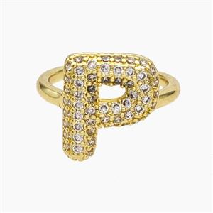 Copper Letter-P Rings Micropave Zirconia Gold Plated, approx 9-14mm, 18mm dia [FN48018]