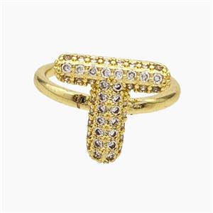 Copper Letter-T Rings Micropave Zirconia Gold Plated, approx 9-14mm, 18mm dia [FN48022]
