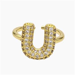 Copper Letter-U Rings Micropave Zirconia Gold Plated, approx 9-14mm, 18mm dia [FN48023]