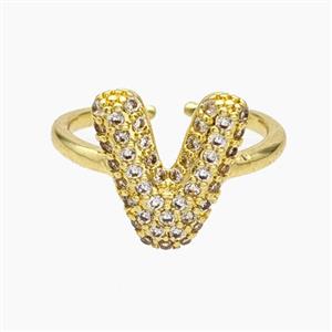 Copper Letter-V Rings Micropave Zirconia Gold Plated, approx 9-14mm, 18mm dia [FN48024]
