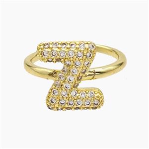 Copper Letter-Z Rings Micropave Zirconia Gold Plated, approx 9-14mm, 18mm dia [FN48028]