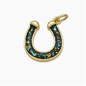 Copper Horseshoe Pendant Pave Black Fire Opal 18K Gold Plated, approx 13.5-15mm [FN48065]