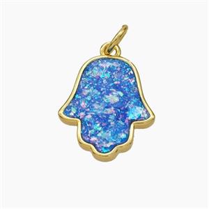 Copper Hamsahand Pendant Pave Blue Fire Opal 18K Gold Plated, approx 13.5-15.5mm [FN48069]