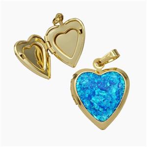 Copper Heart Locket Pendant Pave Blue Fire Opal 18K Gold Plated, approx 17-18mm [FN48085]