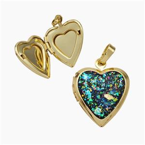 Copper Heart Locket Pendant Pave Fire Opal 18K Gold Plated, approx 17-18mm [FN48086]