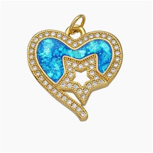 Copper Heart Pendant Pave Zirconia Blue Fire Opal Star 18K Gold Plated, approx 20mm [FN48088]
