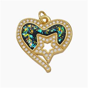 Copper Heart Pendant Pave Zirconia Black Fire Opal Star 18K Gold Plated, approx 20mm [FN48089]