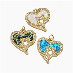 Copper Heart Pendant Pave Zirconia Fire Opal Star 18K Gold Plated Mixed, approx 20mm [FN48090]