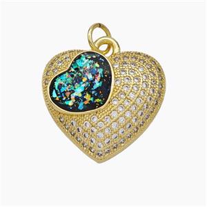 Copper Heart Pendant Pave Zirconia Black Fire Opal 18K Gold Plated, approx 19mm [FN48093]