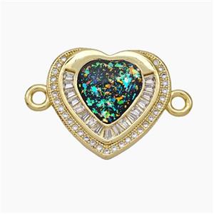 Copper Heart Connector Pave Zirconia Black Fire Opal 18K Gold Plated, approx 18.5-20mm [FN48101]