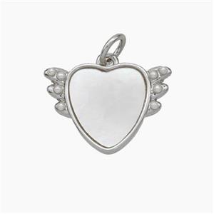 Copper Heart Pendant Pave Shell Angel Wings Platinum Plated, approx 12-17mm [FN48124]