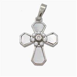 Copper Cross Pendant Pave Shell Pearlized Resin Platinum Plated, approx 15-17.5mm [FN48139]