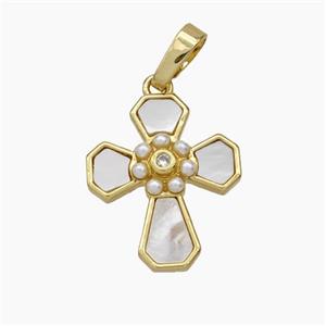 Copper Cross Pendant Pave Shell Pearlized Resin Gold Plated, approx 15-17.5mm [FN48140]