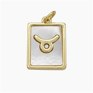 Copper Rectangle Pendant Pave Shell Zodiac Taurus 18K Gold Plated, approx 12-15mm [FN48142]