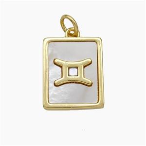 Copper Rectangle Pendant Pave Shell Zodiac Gemini 18K Gold Plated, approx 12-15mm [FN48143]