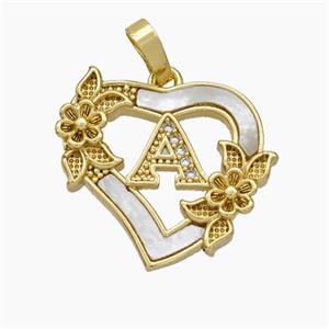 Copper Heart Pendant Pave Shell Zirconia Letter-A Flower 18K Gold Plated, approx 20mm [FN48154]