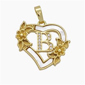 Copper Heart Pendant Pave Shell Zirconia Letter-B Flower 18K Gold Plated, approx 20mm [FN48155]