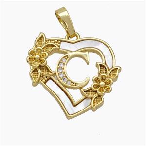 Copper Heart Pendant Pave Shell Zirconia Letter-C Flower 18K Gold Plated, approx 20mm [FN48156]