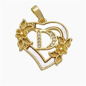 Copper Heart Pendant Pave Shell Zirconia Letter-D Flower 18K Gold Plated, approx 20mm [FN48157]