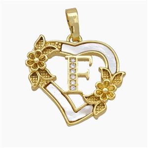 Copper Heart Pendant Pave Shell Zirconia Letter-F Flower 18K Gold Plated, approx 20mm [FN48159]