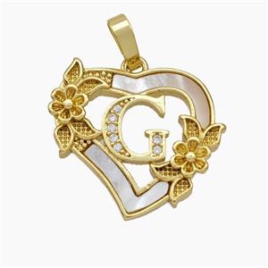 Copper Heart Pendant Pave Shell Zirconia Letter-G Flower 18K Gold Plated, approx 20mm [FN48160]