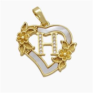 Copper Heart Pendant Pave Shell Zirconia Letter-H Flower 18K Gold Plated, approx 20mm [FN48161]