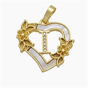 Copper Heart Pendant Pave Shell Zirconia Letter-I Flower 18K Gold Plated, approx 20mm [FN48162]