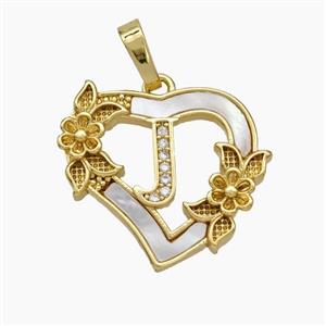 Copper Heart Pendant Pave Shell Zirconia Letter-J Flower 18K Gold Plated, approx 20mm [FN48163]