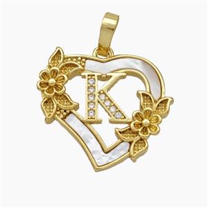 Copper Heart Pendant Pave Shell Zirconia Letter-K Flower 18K Gold Plated, approx 20mm [FN48164]