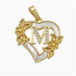 Copper Heart Pendant Pave Shell Zirconia Letter-M Flower 18K Gold Plated, approx 20mm [FN48166]