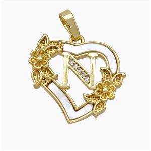 Copper Heart Pendant Pave Shell Zirconia Letter-N Flower 18K Gold Plated, approx 20mm [FN48167]