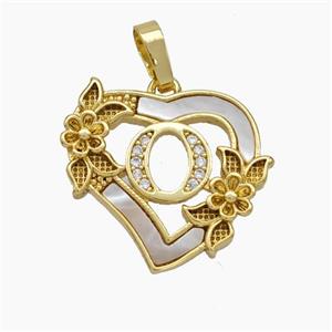 Copper Heart Pendant Pave Shell Zirconia Letter-O Flower 18K Gold Plated, approx 20mm [FN48168]