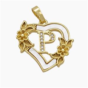 Copper Heart Pendant Pave Shell Zirconia Letter-P Flower 18K Gold Plated, approx 20mm [FN48169]
